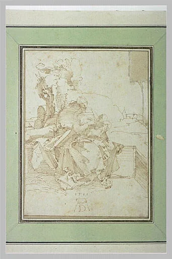 Vierge assise avec l'Enfant Jésus sur ses genoux, dans un paysage