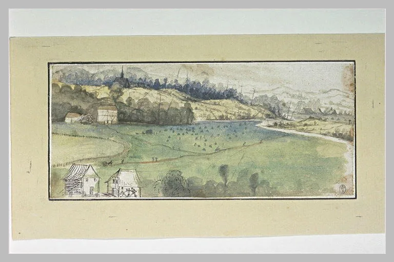 Paysage vallonné avec une petite maison et un moulin à eau, et des moissons
