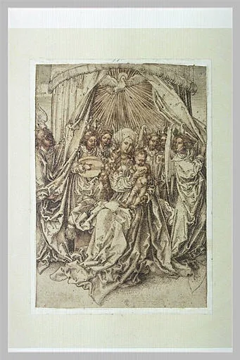 Vierge à l'Enfant trônant sous un baldaquin, entourée de six anges