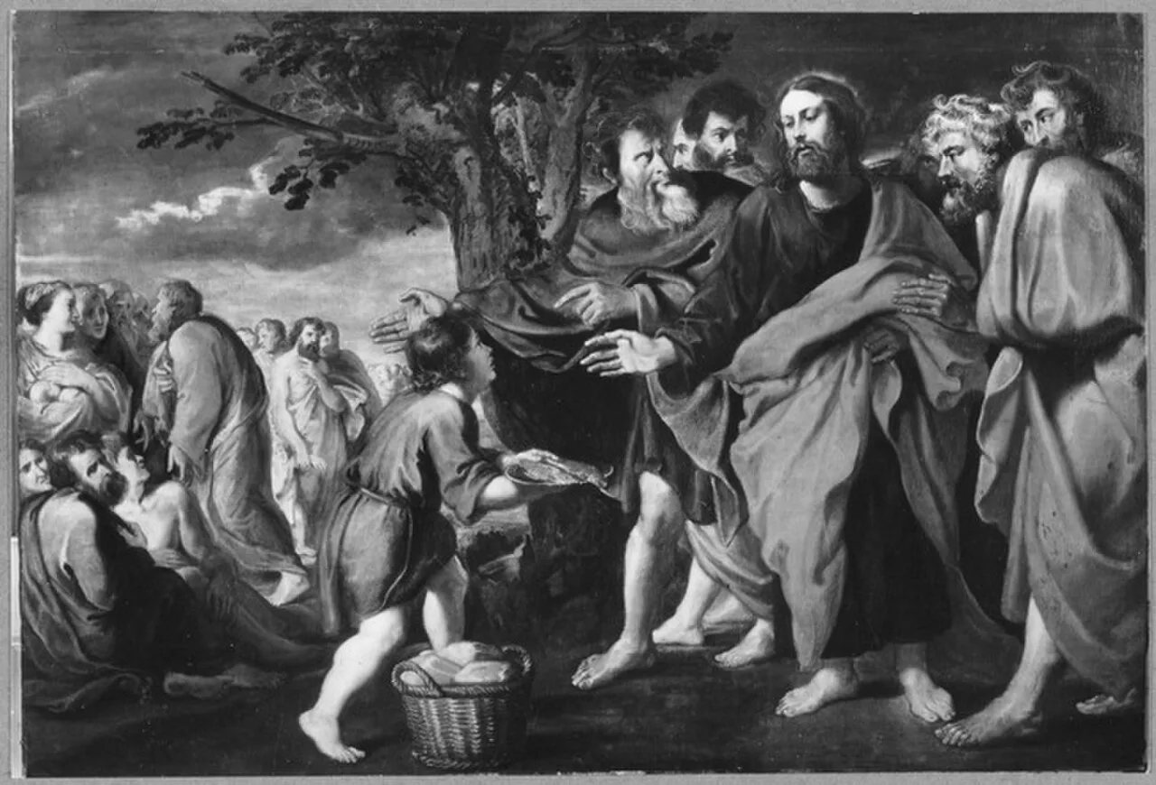 Christ blessing the bread and fish brought by a boy (Mathew 14:13-21, 15:32-39; Mark 6:32-44, 8:1-10; Luke 9:10-17; John 6:1-14)