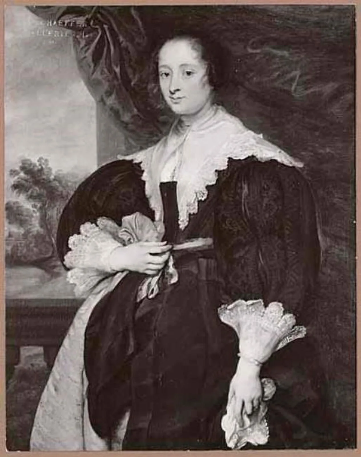 Portrait of a woman, standing before a landscape