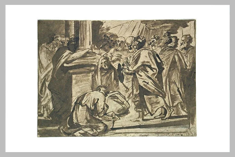 Figures drapées autour d'une femme agenouillée, devant un homme prosterné