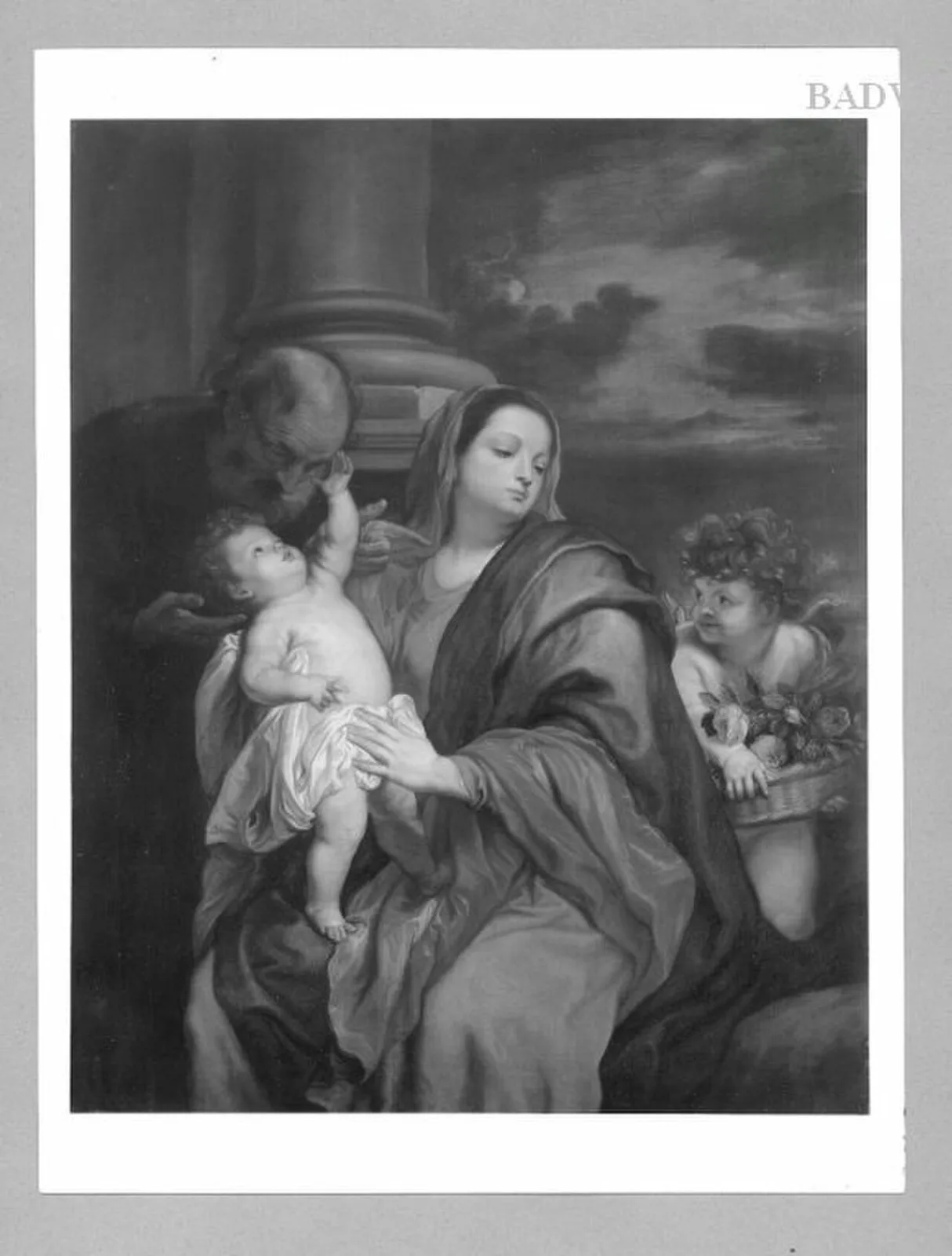 Holy family with angel and flowers