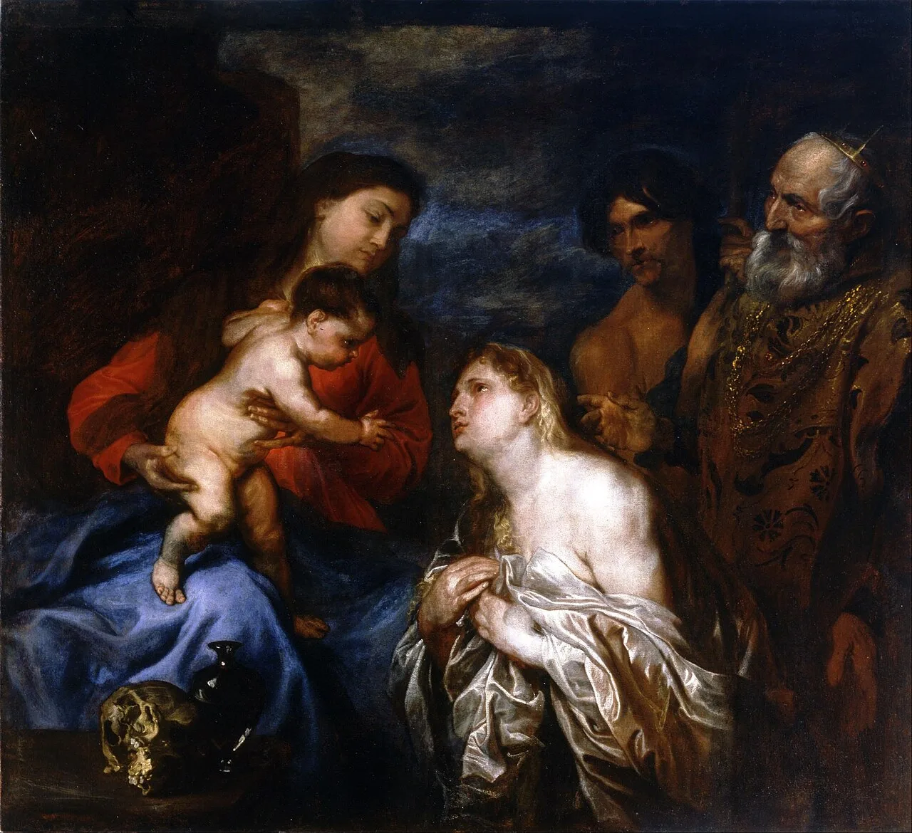 The Virgin and Child with the three repentant Sinners, Mary Magdalene, king David and the Prodigal Son