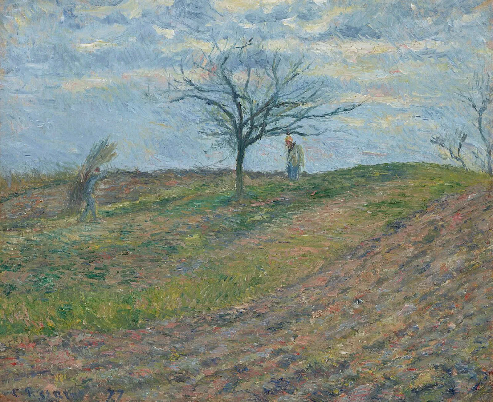 Ploughed Field in Winter with a Man Carrying a Bundle of Sticks