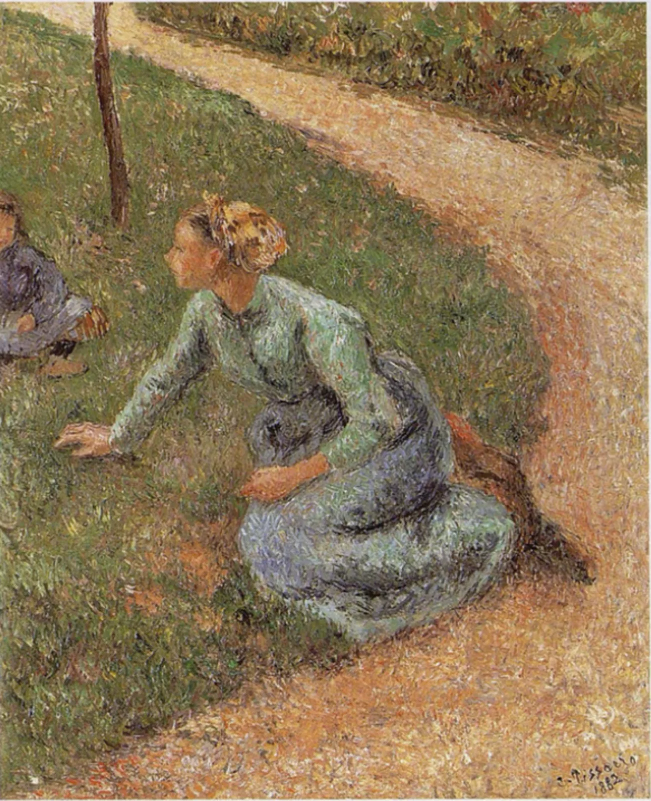 Paysanne assise au bord d'un chemin