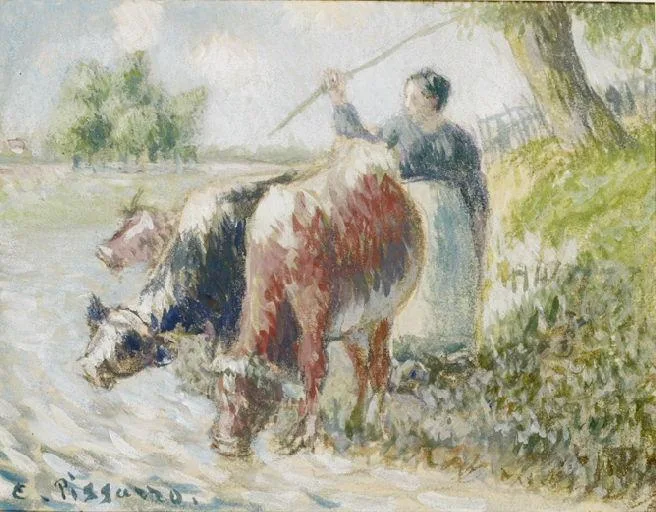 Paysanne gardant des vaches; A la rivière (ancien titre Reynold Arnould)