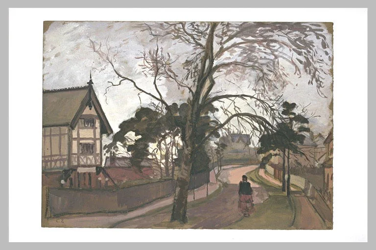 Route des environs de Londres avec chalet à gauche