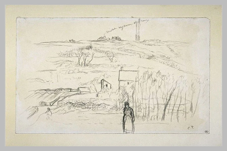 Paysage de collines avec une paysanne au premier plan