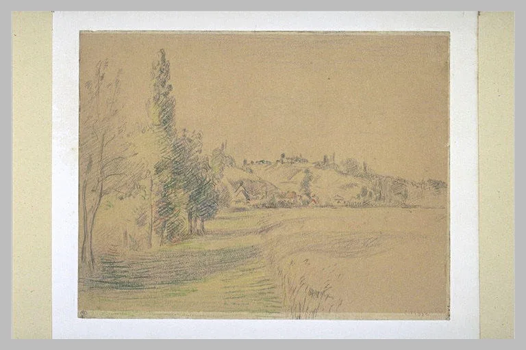 Paysage, un champ bordé d'arbres au pied d'une colline