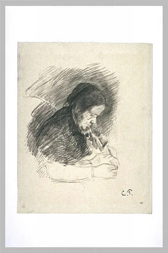 Vieille Femme en buste tricotant