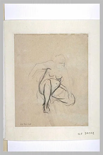 Etude d'une femme nue, accroupie, vue de face