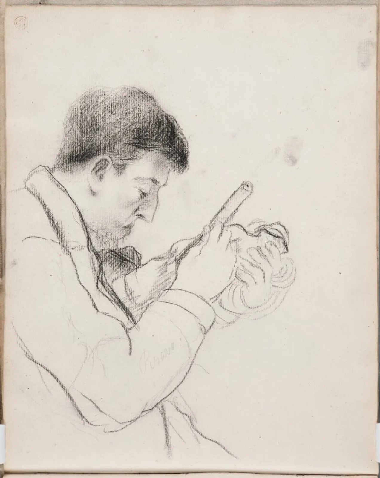 Portrait of Paul Gauguin chiselling on a statuette (Sheet 22 verso of Paul Gauguin's sketchbook)