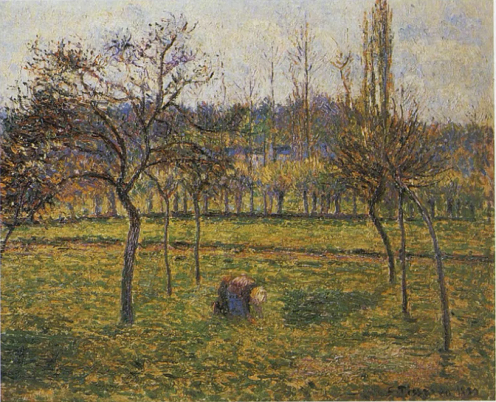 Le fond du pré à Éragny avec une femme ramassant de l'herbe