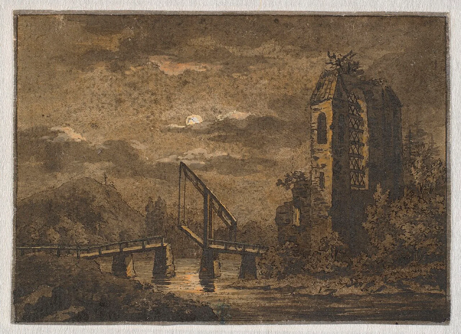Moonlight landcape with the ruins of a water castle