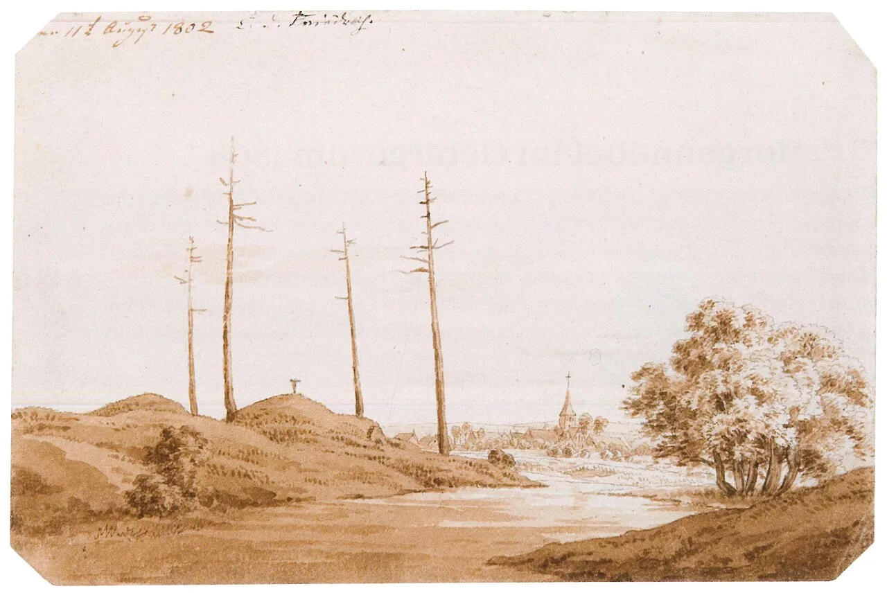 Flusslandschaft mit Hügelkreuz