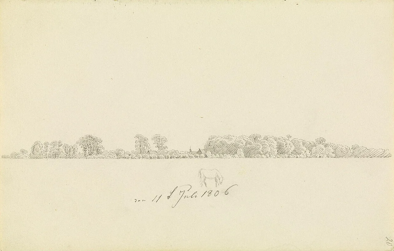 Baumlandschaft mit Haus und Pferd