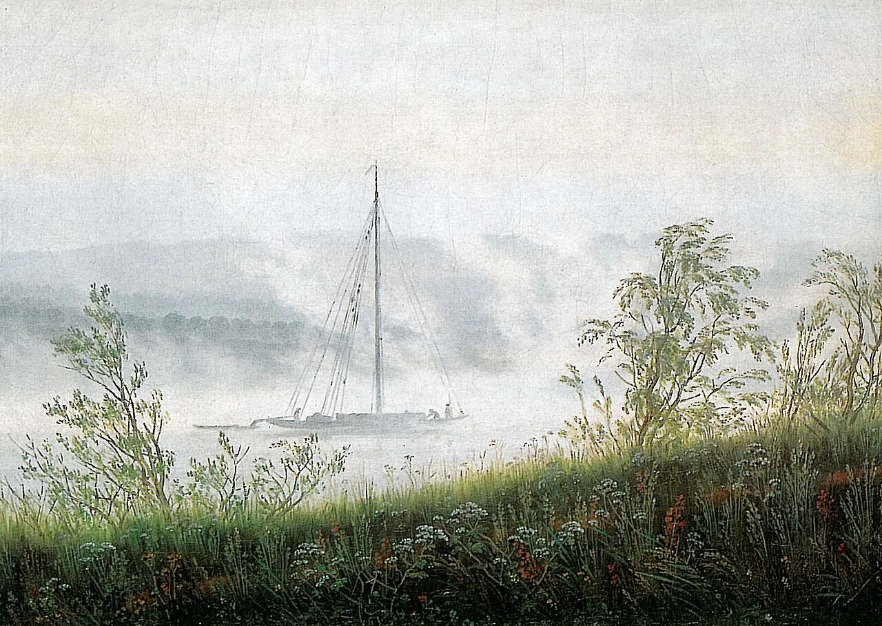 Elbschiff im Frühnebel