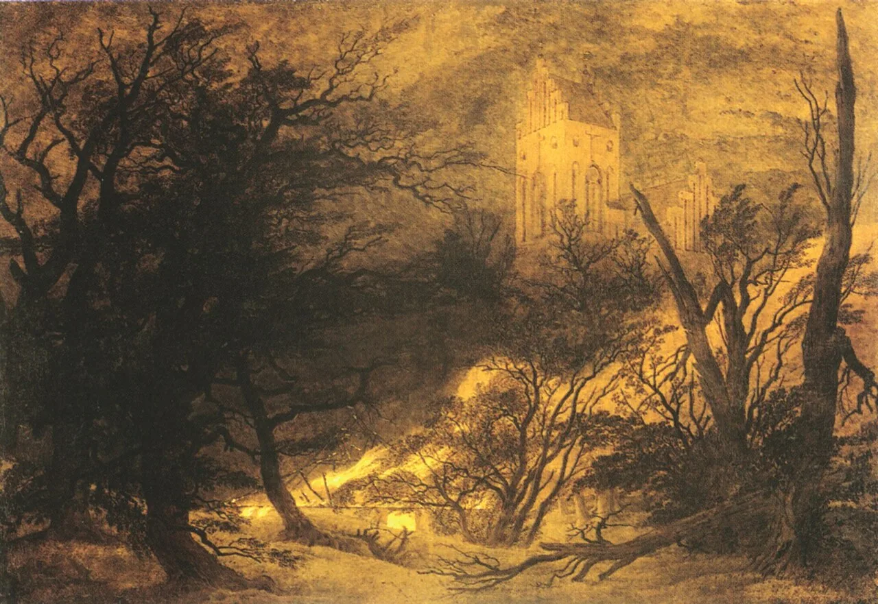 Burning house and Gothic church