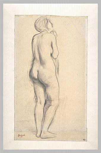 Femme nue, debout, de dos, tournée vers la droite