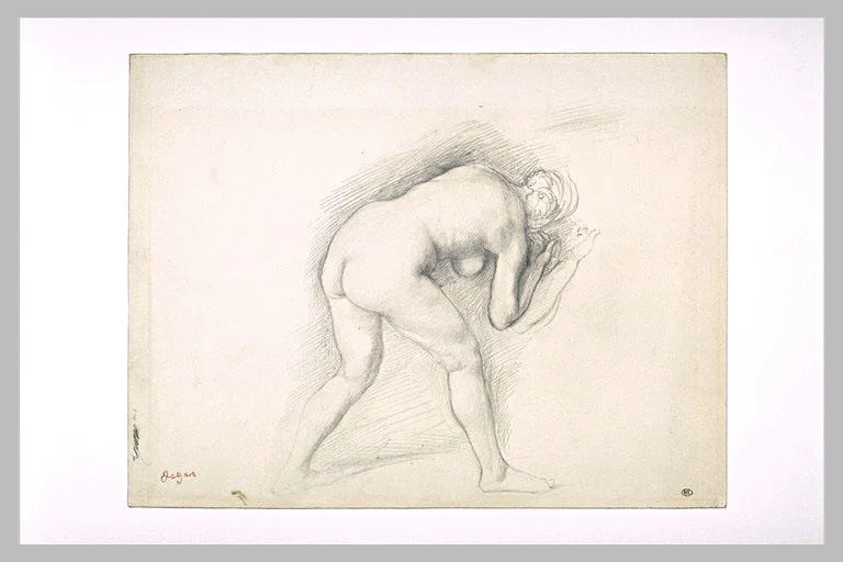 Femme nue, de dos, penchée en avant, vers la droite