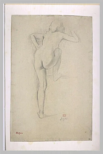 Femme nue, de dos, montant dans un char