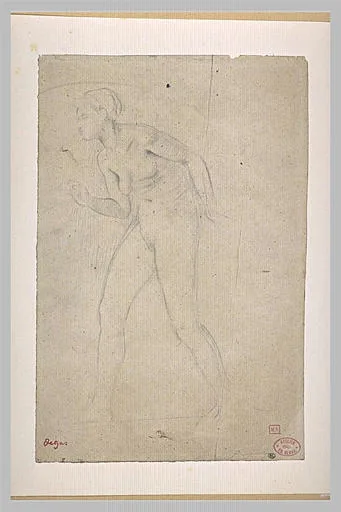 Femme nue, marchant vers la gauche, le torse penché en avant
