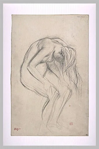 Femme nue, échevelée, penchée en avant à droite