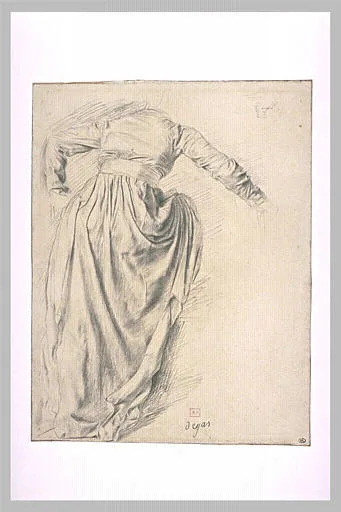 Etude de draperie pour une femme de dos, montant dans un char