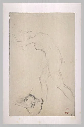 Femme nue, debout, se dirigeant vers la gauche et tête d'homme