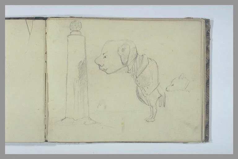 Caricature, homme avec une tête de chien et colonne