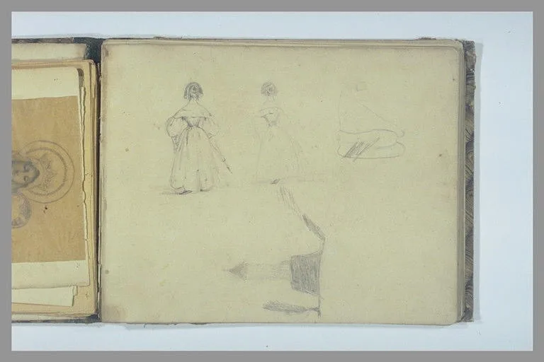 Deux études de jeunes femmes, vues de dos; tour et arbre; croquis