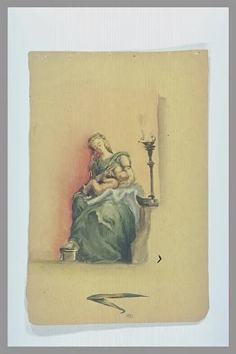 Femme allaitant un enfant et notes manuscrites en bas