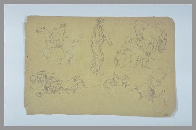 Etudes de figures, de cavaliers et d'une voiture hippomobile
