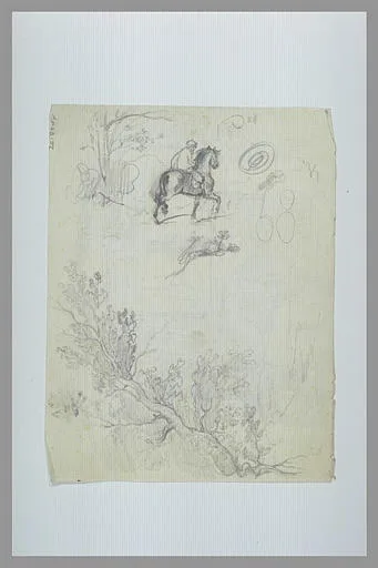 Etude de branchages, d'un cavalier et d'un paysage avec un arbre