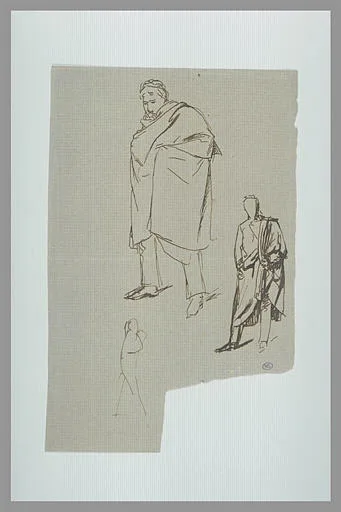 Deux études d'hommes debout vêtus d'un manteau et croquis pour une figure