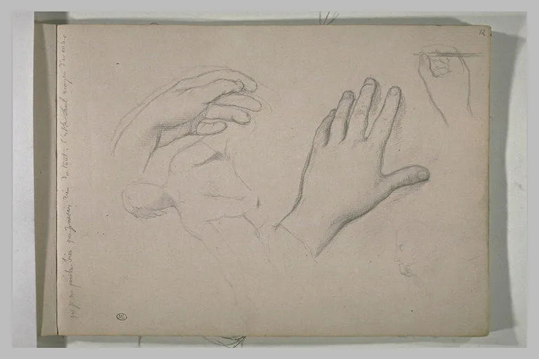 Etudes de mains, et d'une silhouette d'homme assis