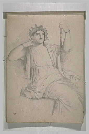 Femme assise sur un trône, tête couronnée de feuillage