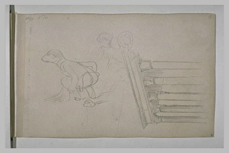 Colonnade, deux silhouettes et caricature
