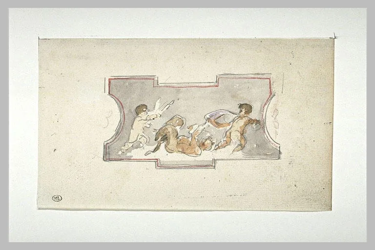 Deux amours et un satyre, dans un médaillon