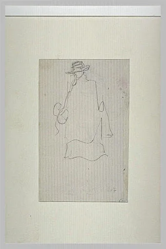 Dame debout, coiffée d'un chapeau