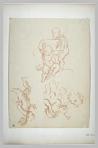 Deux enfants portant une pierre; femme et enfant; amour volant