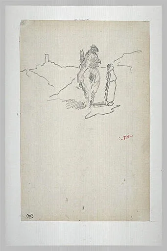 Cavalier de dos et paysanne, dans un paysage