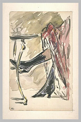 Deux jambes avec bottines sous une jupe rouge, devant un guéridon
