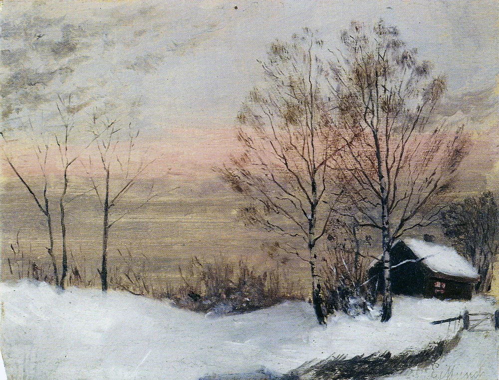 Winter Landscape with House and Red Sky