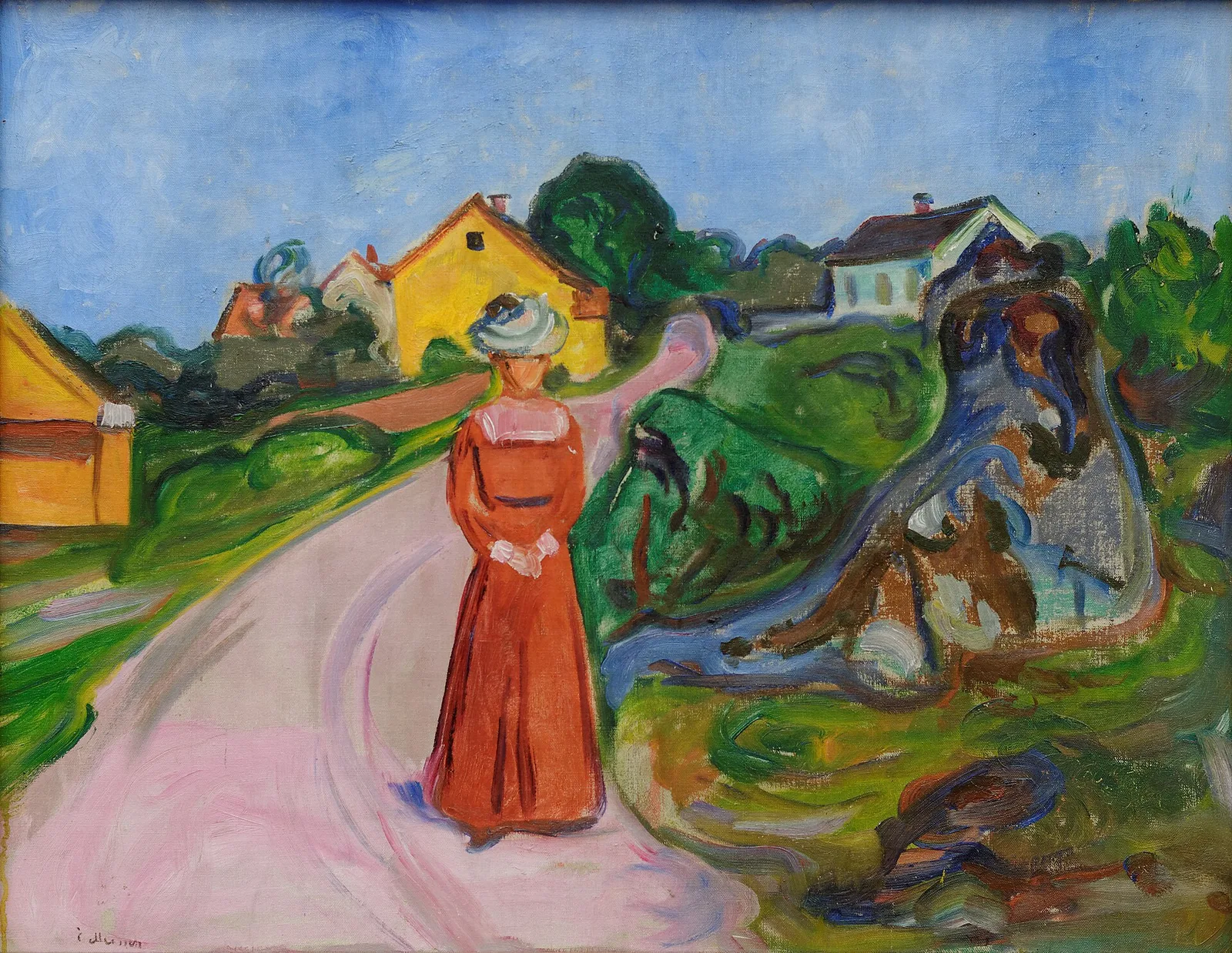 Street in Åsgårdstrand and a Woman in Red Dress