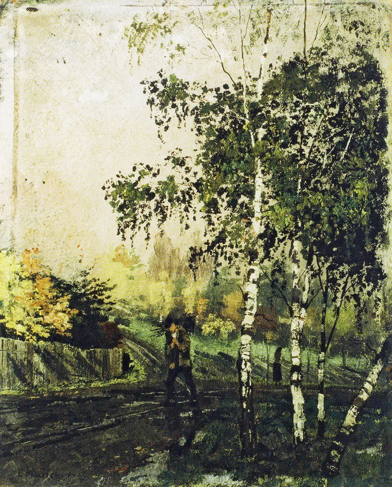 Birch Trees and Man Carrying Twigs