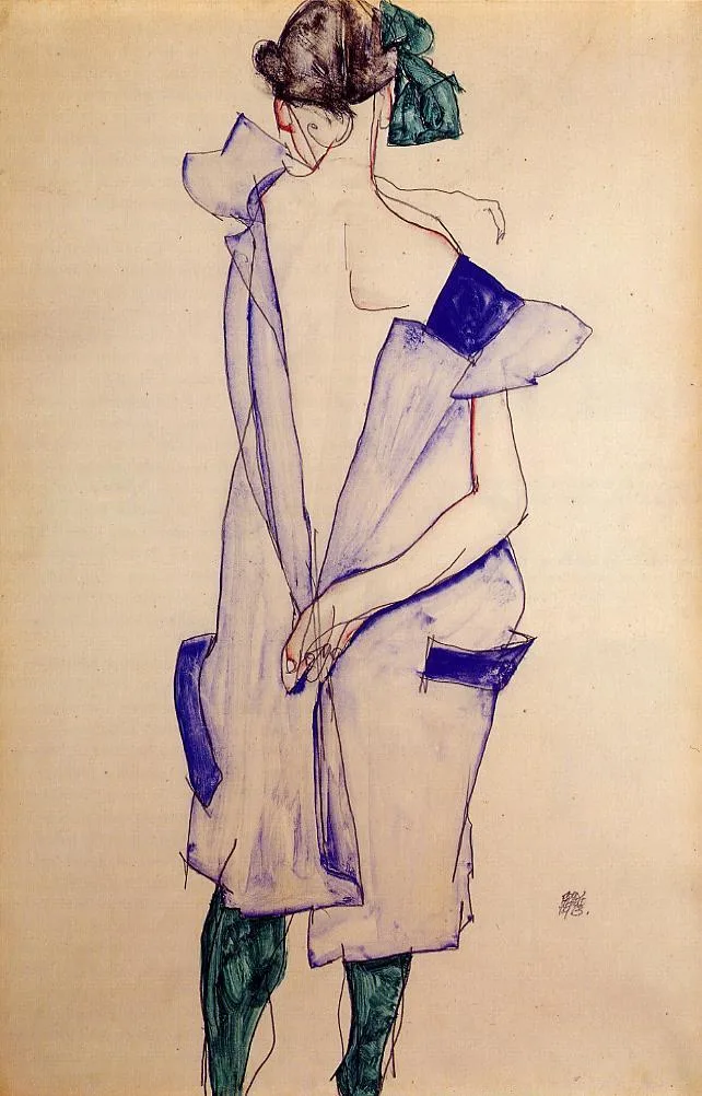 Standing Girl in a Blue Dress and Green Stockings, Back View