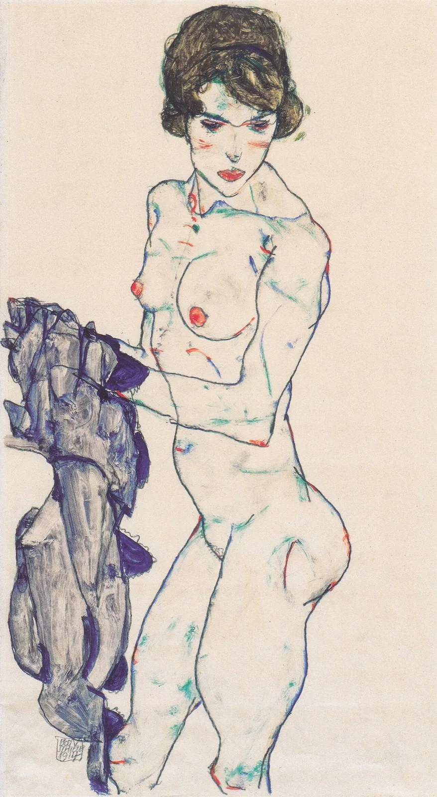 Female nude with blue cloth