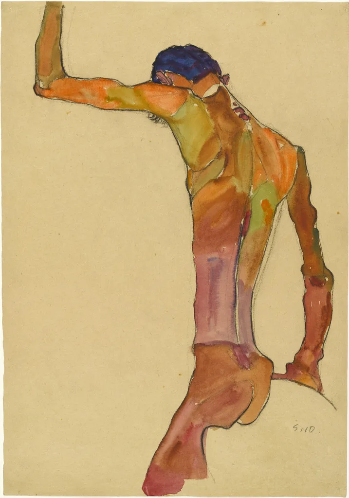 Standing Male Nude with Arm Raised, Back View